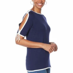 Discount 🌟 Colleen Lopez Collection Colleen Lopez Cold Shoulder Sweater With Bow Navy ⌛