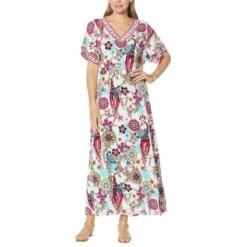 Outlet 😉 Colleen Lopez Collection Colleen Lopez Printed V-Neck Maxi 👗 Dress Cream Boho Floral ⌛