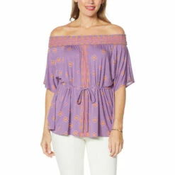 New 💯 Colleen Lopez Collection Colleen Lopez Off-the-Shoulder Smocked Neck Printed Top Purple Diamond 🛒