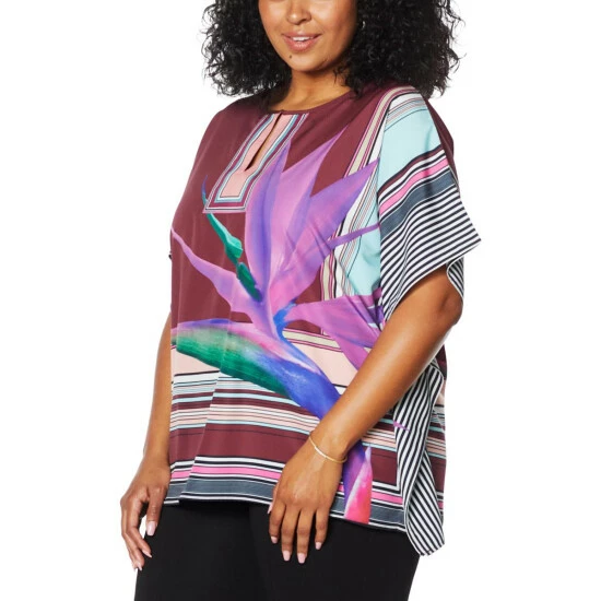 Top 10 🔔 Colleen Lopez Collection Colleen Lopez Split Neck Printed Woven Poncho Wine ✨ - Image 2