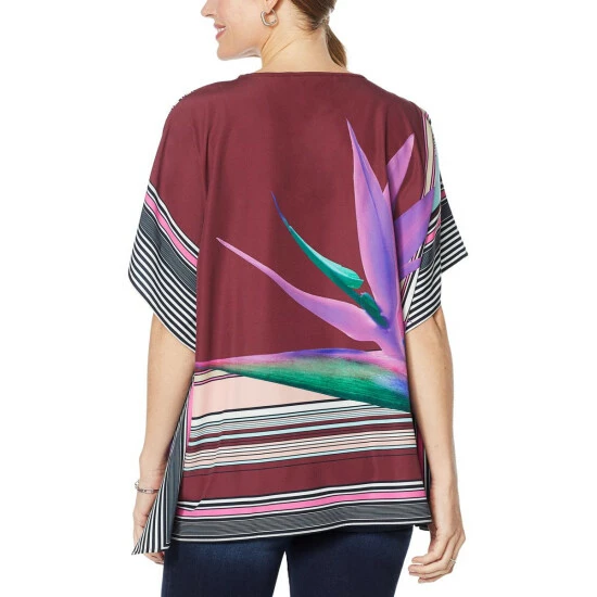 Top 10 🔔 Colleen Lopez Collection Colleen Lopez Split Neck Printed Woven Poncho Wine ✨ - Image 3