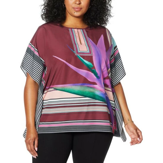 Top 10 🔔 Colleen Lopez Collection Colleen Lopez Split Neck Printed Woven Poncho Wine ✨ - Image 5