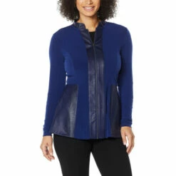 New ❤️ Colleen Lopez Collection Colleen Lopez 🧥 Coated Detail Zip-Front Jacket Navy 🔥