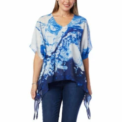 Best Sale 🎉 Colleen Lopez Collection Colleen Lopez Printed Poncho Top With Sharkbite Hem Black Parrot 🎉