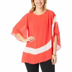 New 🛒 Colleen Lopez Collection Colleen Lopez Colorblock Woven Poncho Tomato Red/ivory ✔️