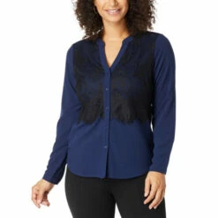 Promo 🥰 Colleen Lopez Collection Colleen Lopez Lace Mix Button-Front Blouse Navy 🔔