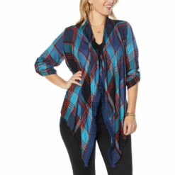 Outlet ๐ Colleen Lopez Collection Colleen Lopez Woven Plaid Roll-Tab Sleeve Topper Deepsea Plaid โค๏ธ