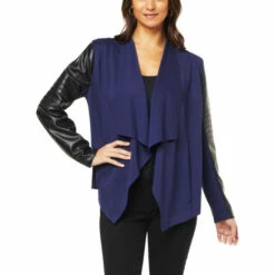 Outlet 🔔 Colleen Lopez Collection "As Is" Colleen Lopez Ponte Knit Drape-Front Jacket With Faux Leather Trim Navy 💯