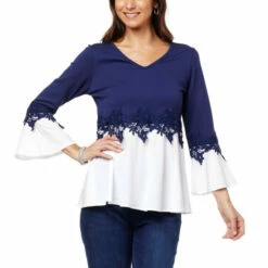 Flash Sale 🎉 Colleen Lopez Collection "As Is" Colleen Lopez Lace-Trim Mixed Media Top Navy 🥰