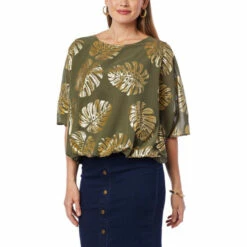Cheapest 🎁 Colleen Lopez Collection "As Is" Colleen Lopez Metallic Print Dolman Sleeve Woven Top Deep Olive 🔔