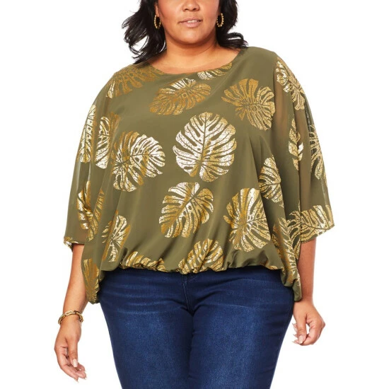 Cheapest ๐ Colleen Lopez Collection "As Is" Colleen Lopez Metallic Print Dolman Sleeve Woven Top Deep Olive ๐ - Image 2