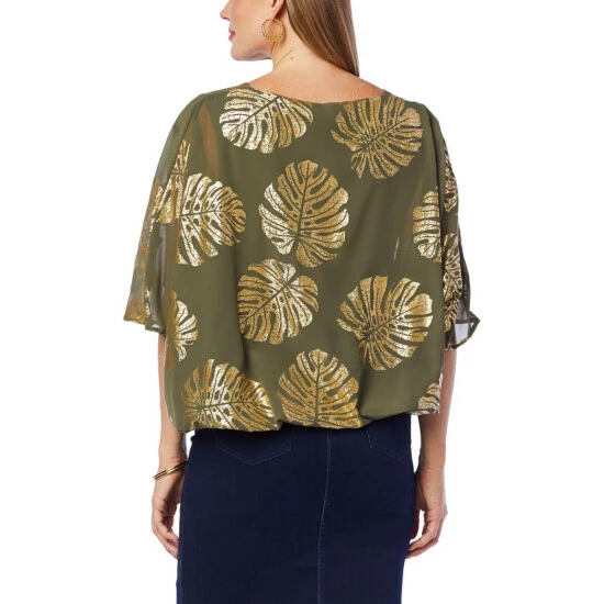 Cheapest ๐ Colleen Lopez Collection "As Is" Colleen Lopez Metallic Print Dolman Sleeve Woven Top Deep Olive ๐ - Image 3