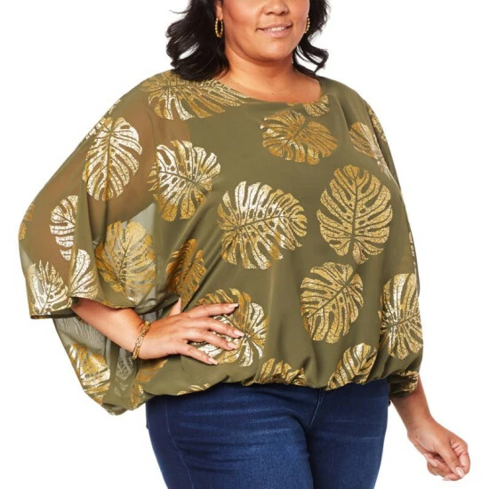 Cheapest ๐ Colleen Lopez Collection "As Is" Colleen Lopez Metallic Print Dolman Sleeve Woven Top Deep Olive ๐ - Image 4