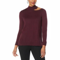 Best deal 😍 Colleen Lopez Collection "As Is" Colleen Lopez Cutout Mock Neck Sweater Dark Wine 🤩
