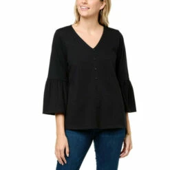 Best deal 👍 Colleen Lopez Collection Colleen Lopez Button-Down Top With Wide Shirred Cuffs Black ✨