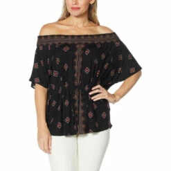 Cheap 🎁 Colleen Lopez Collection "As Is" Colleen Lopez Off-the-Shoulder Smocked Neck Printed Top 🎉