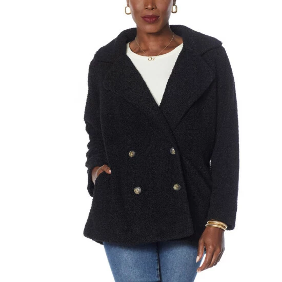Wholesale ❤️ Colleen Lopez Collection Colleen Lopez Double-Breasted Faux Sherpa 🧥 Coat Black 🧨 - Image 5