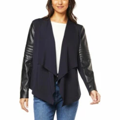 Deals 😀 Colleen Lopez Collection Colleen Lopez Ponte Knit Drape-Front Jacket With Faux Leather Trim Black 🤩