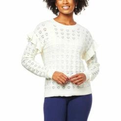 Wholesale 😍 Colleen Lopez Collection Colleen Lopez Pointelle Sweater With Ruffle Detail Bayberry 🎉